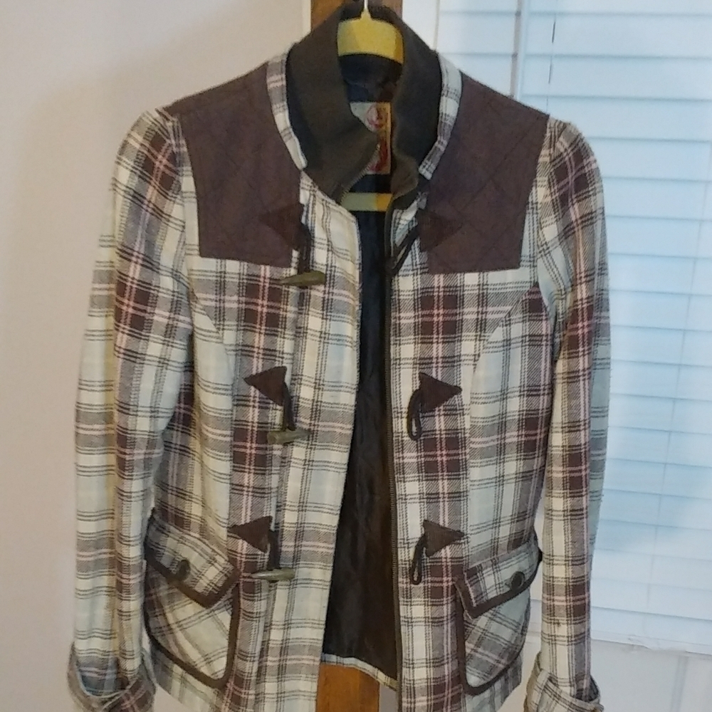 Billabong Wool Blend Brown Pink Plaid Pea Coat Jacket Size S Quilt Lined Pockets